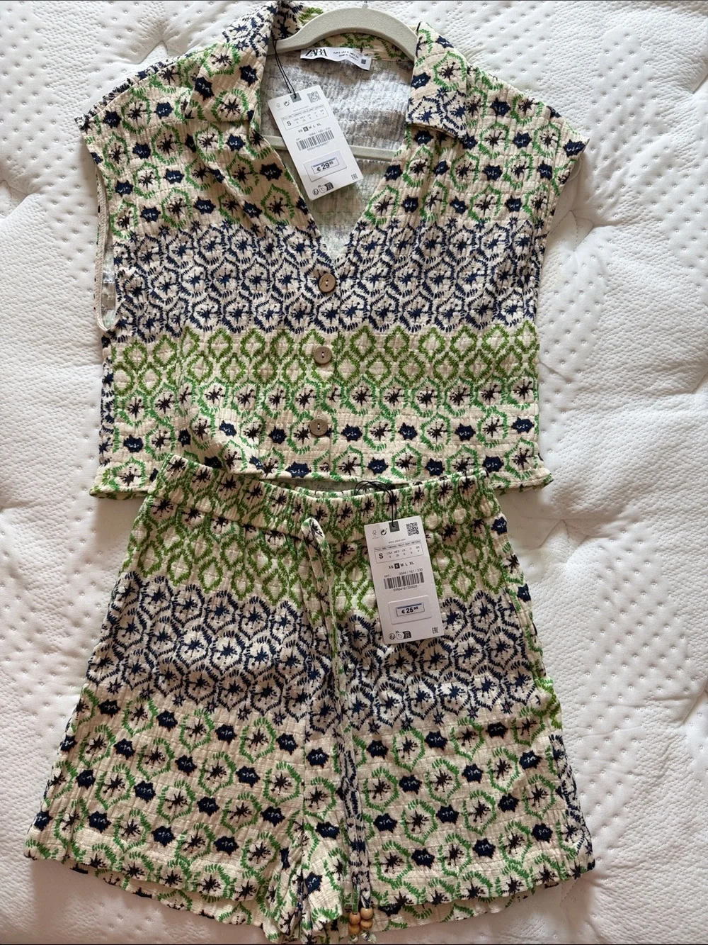 Zara Two-Piece Summer Set Green & Navy Patterned